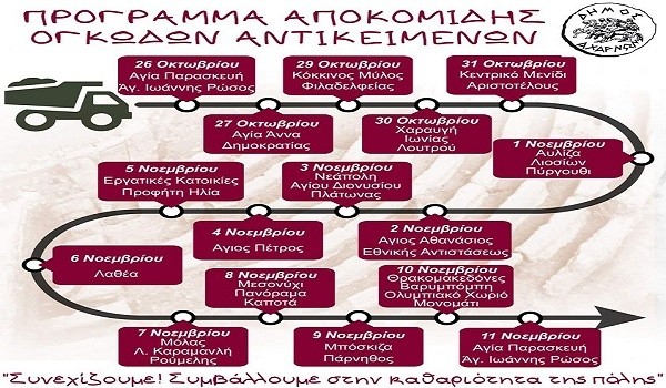 26 Οκτωβρίου-11 Νοεμβρίου. Νέο πρόγραμμα αποκομιδής ογκωδών αντικειμένων από τον Δήμο Αχαρνών