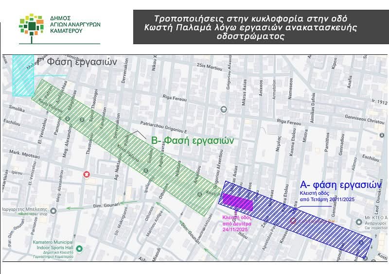 Δήμος Αγίων Αναργύρων – Καματερού: Τροποποιήσεις στην κυκλοφορία στην οδό Κωστή Παλαμά