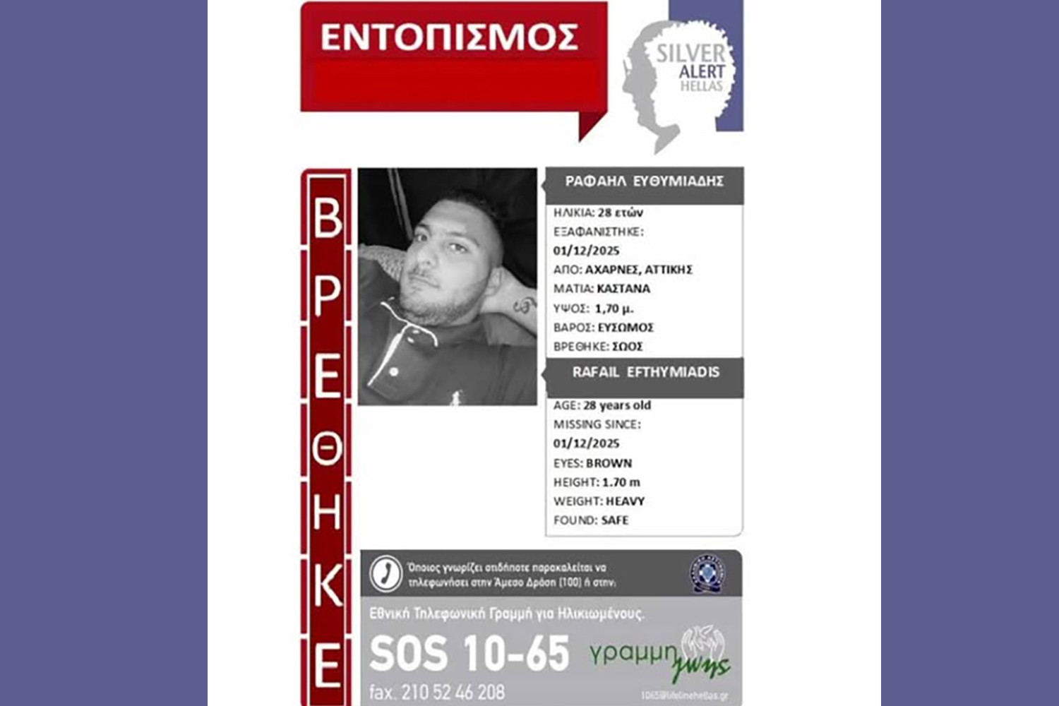 Αίσιο τέλος για τον Ραφαήλ Ευθυμιάδη από τις Αχαρνές – Επέστρεψε σώος στην οικογένεια του