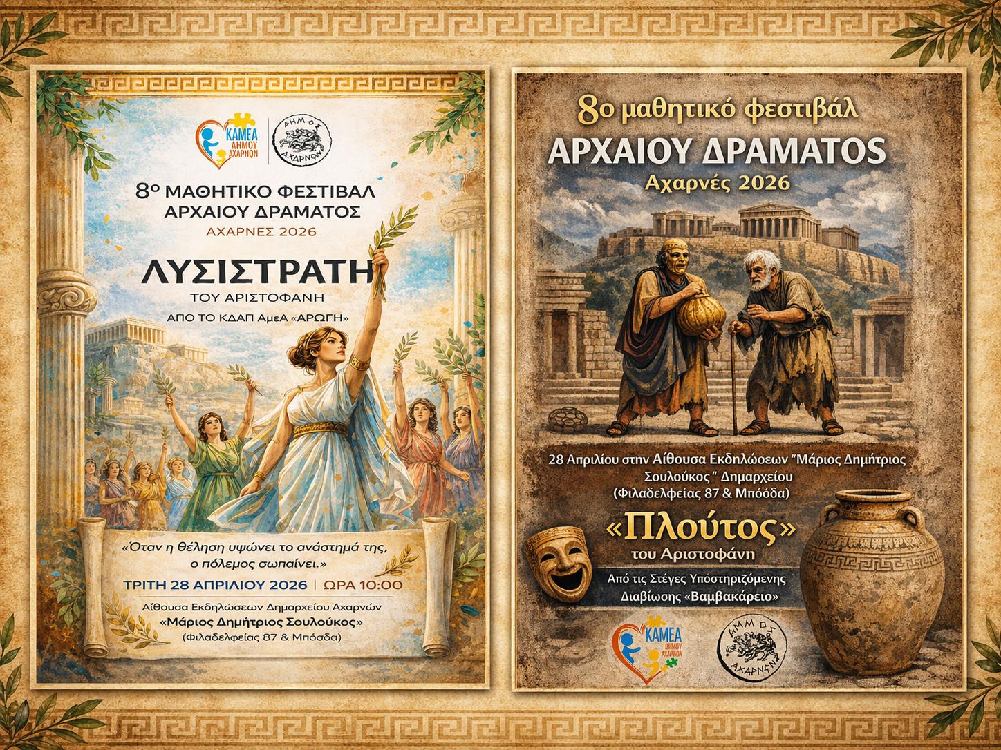 Διπλή και συμβολική παρουσία του ΚΔΑΠ ΑμεΑ «Αρωγή» και του «Βαμβακάρειου» στο 8ο Μαθητικό Φεστιβάλ Αρχαίου Δράματος – Αχαρνές 2026
