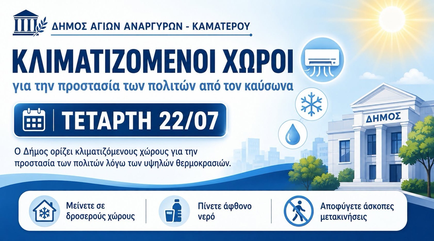 Άγιοι Ανάργυροι – Καματερό: Ανοίγουν κλιματιζόμενοι χώροι από σήμερα και για τρεις ημέρες