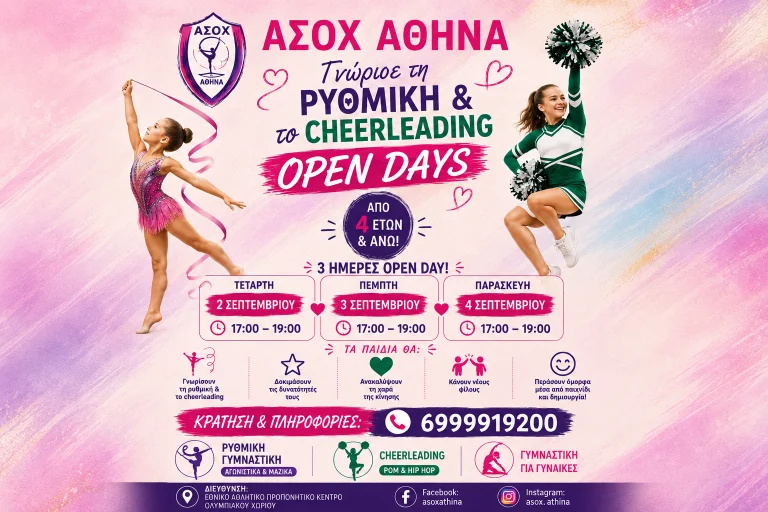 Αχαρνές: Open Days από τον ΑΣΟΧ ΑΘΗΝΑ για Ρυθμική Γυμναστική και Cheerleading